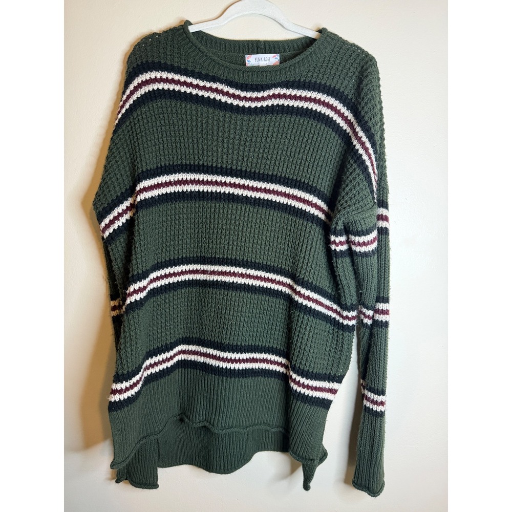 Pink Rose Womens XL Green Striped Waffle Knit Sweater Fall Cozy Retro